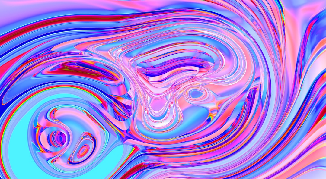 An abstract painting of blue, pink, and purple swirls